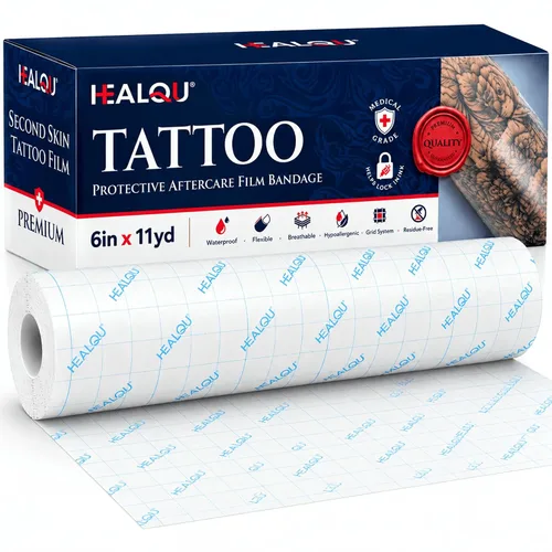 Vista 13 de Vendaje impermeable para el cuidado posterior del tatuaje, vendaje en rollo de película transparente de 10 pulgadas x 3.3 yardas, adhesivo elástico