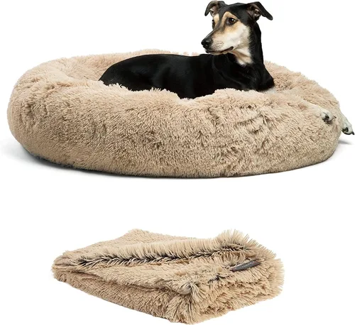 Vista 10 de Best Friends by Sheri The Original Calming Shag Donut Cuddler - Juego de cama para perros y gatos + manta para mascotas, color gris pardo, tamaño S
