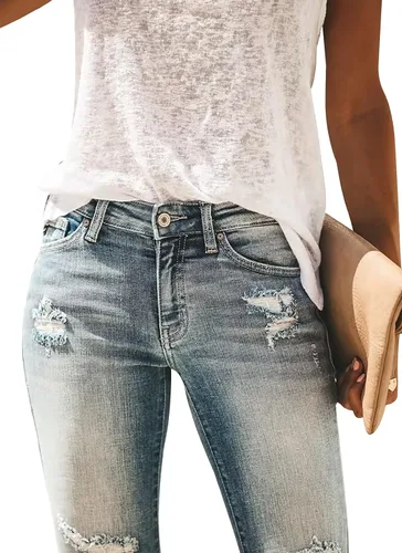 Vista 3 de KUNMI Pantalones de mezclilla elásticos rasgados y desgastados para mujer