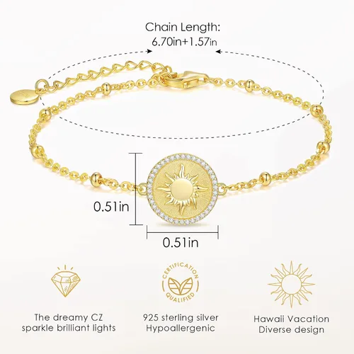 Vista 5 de CDE Pulseras de sol para mujer, plata de ley 925, ajustable, chapada en oro de 14 quilates, cumpleaños, aniversario, Navidad, regalos para mujeres