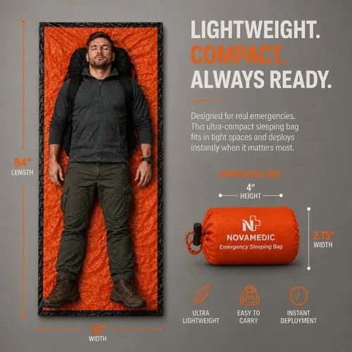Vista 5 de NovaMedic Saco de dormir de emergencia – Saco térmico de supervivencia de Mylar de 84 x 36 pulgadas – impermeable, ligero y compacto manta