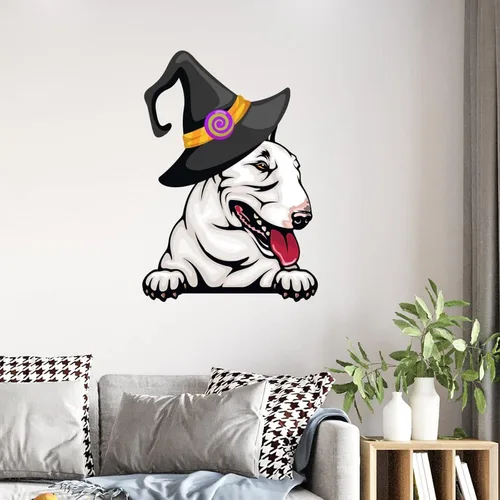 Vista 3 de Guangpat Calcomanías de pared de Halloween, brujas, bull terrier, decoración en miniatura, calcomanías de Feliz Halloween, decoración de pared