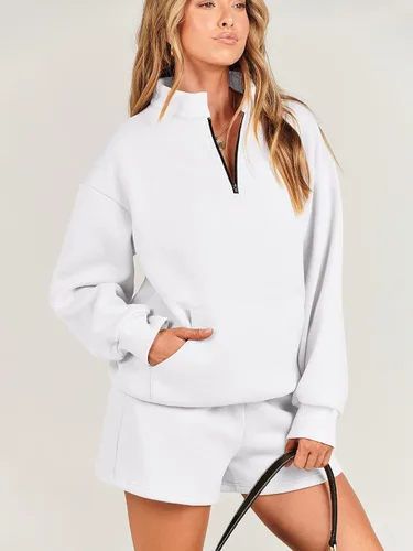 Vista 2 de ANRABESS Conjunto de 2 piezas para mujer, sudadera y pantalones cortos, de gran tamaño, casual, conjunto de sudadera para descansar, conjunto
