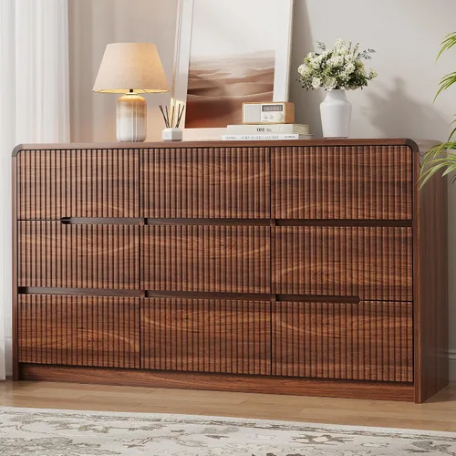 Vista 21 de Cómoda de madera negra para dormitorio, 5 cajones para almacenamiento de ropa, cómoda moderna con cajones anchos, cómoda de madera amplia para sala