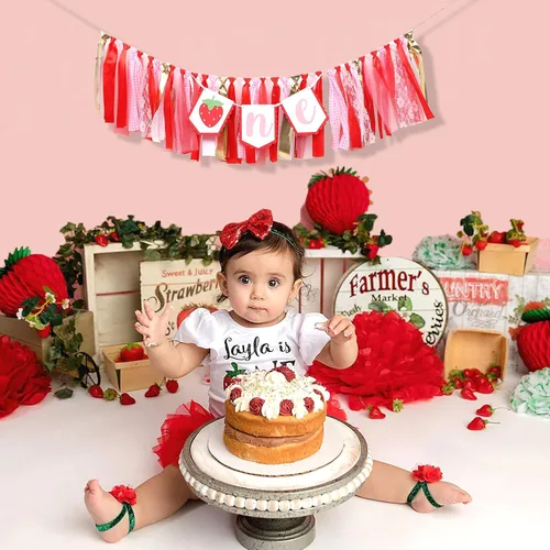 Vista 5 de Decoraciones de fiesta de fresa para primer cumpleaños, cartel de fresa para silla de bebé para accesorios de cabina de fotos y telón de fondo