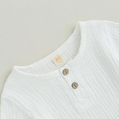 Vista 4 de Lesimsam Conjunto de camiseta de manga larga con botones de muselina para bebé niño y niña, ropa de otoño