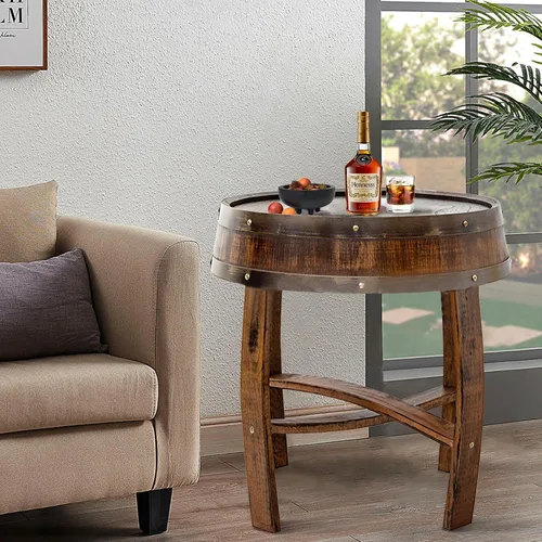 Vista 8 de Mesa de centro de granja, mesa auxiliar redonda rústica – Mesa auxiliar de madera maciza para sala de estar, mesa decorativa de barril de whisky