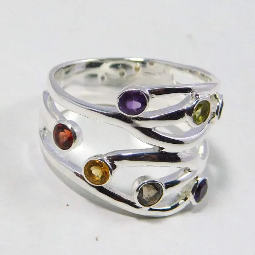 Vista 2 de multi stone silver ring, iolite ring, amethyst, peridot silver ring, honey citrine quartz silver ring, birthday gift ring
