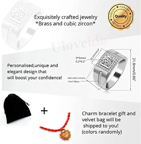Vista 6 de Uloveido Anillo de boda cuadrado para hombre, con circonita cúbica, ajuste cómodo, chapado en oroplatinooro rosa, tamaño 6, 7, 8, 9 KR201, Metal