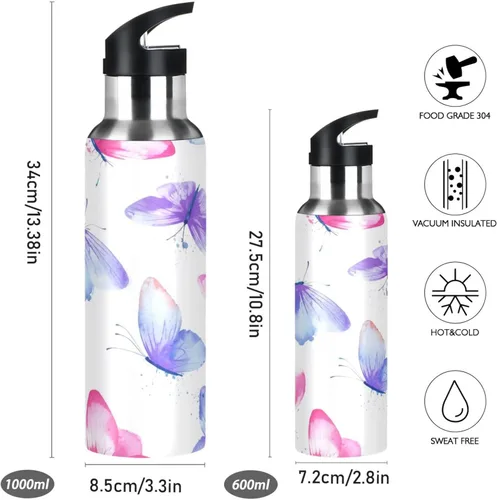 Vista 2 de Botella de agua de acero inoxidable aislada con pajilla, de 20 onzas, a prueba de fugas, botella de agua deportiva sin BPA aislada