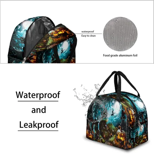 Vista 4 de Bolsa de almuerzo aislada para mujeres y hombres, Halloween, castillo de bruja, calabaza, impermeable, bolsa térmica reutilizable, contenedor
