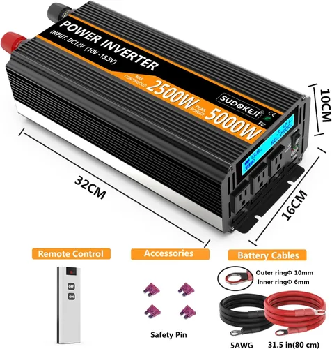 Vista 7 de SUDOKEJI - Inversor de corriente de 2500W, 12V DC a AC 110V/120V (pico) 5000W, convertidor con 3 tomas de corriente para automóvil, inversor