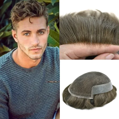 Vista 20 de Toupee para hombres sistemas de reemplazo de piel sintética con encaje suizo para hombre, nudos blanqueados, línea capilar natural para hombres