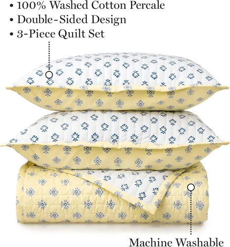 Vista 2 de MARTHA STEWART Naomi - Juego de edredón de 3 piezas, 100% algodón, reversible, fresco, tejido de percal suave, ligero, estampado, 1 edredón, 2