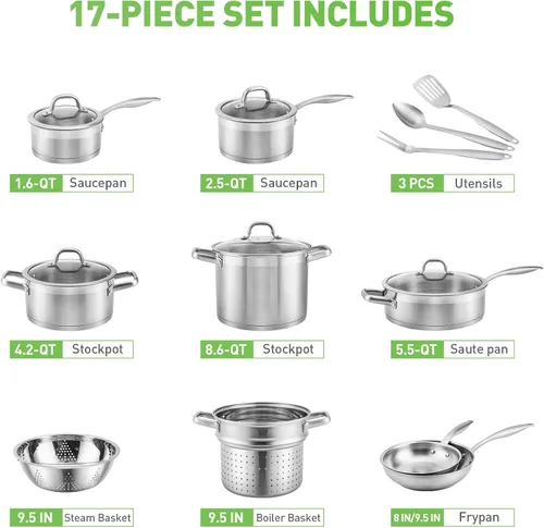 Vista 3 de Duxtop Juego Profesional de Ollas y Sartenes de Acero Inoxidable, Juego de 17 Piezas de Utensilios de Cocina de Inducción, Tecnología de Unión por