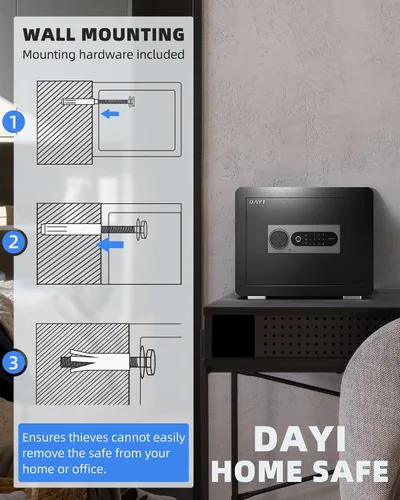 Vista 9 de DAYI Caja de seguridad biométrica de huellas dactilares, caja fuerte para el hogar de 0.8 pies cúbicos con bolsa ignífuga, panel táctil digital