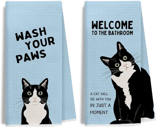Vista 7 de Juego de 2 toallas de mano de baño con esmoquin verde retro, decoración de baño de gato, toallas de mano de gatito blanco y negro para baño, 16 x 24