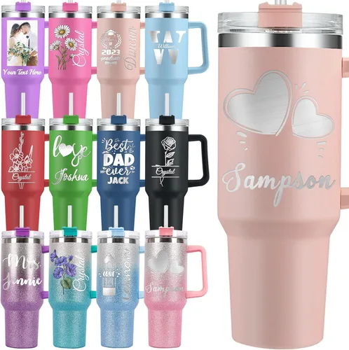 Vista 8 de Vaso personalizado con asa personalizado de 40 onzas grabado con nombre de flor de nacimiento con tapa y pajita, taza de café de viaje de acero