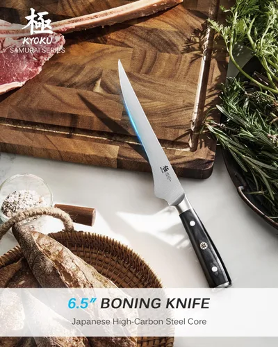 Vista 2 de KYOKU Cuchillo deshuesador de 6,5 pulgadas de la serie Samurai, cuchillo de filetear con mango de madera de Pakka, acero de alto carbono