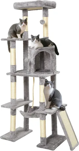 Vista 2 de Árbol grande para gatos, torre para gatos de varios niveles de 65 pulgadas de alto con postes rascadores cubiertos de sisal, condominio, hamaca
