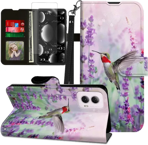 Vista 377 de Funda para Motorola Edge 2022 con protector de pantalla, soporte y tarjetero y correa para la muñeca, funda magnética para Moto Edge 2022 5G UW Lobo