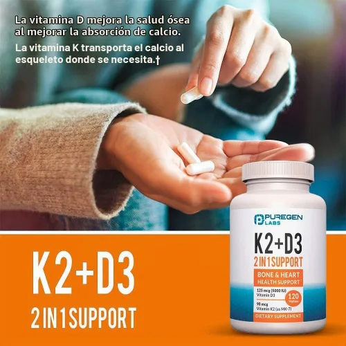 Vista 2 de Fórmula 2 en 1 de alta potencia 90mcg de vitamina K2 (MK7) y suplemento de vitamina D3 de 5000 UI para la salud ósea y cardíaca Fórmula sin OMG