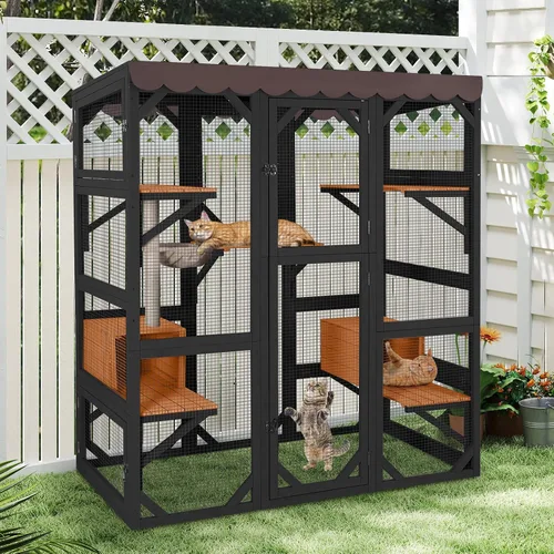 Vista 7 de Wooden Catio Outdoor Cat - Amplio condominio para gatos con 7 plataformas de escalada, 2 acogedoras casas de siestas, panel de ventana expandible