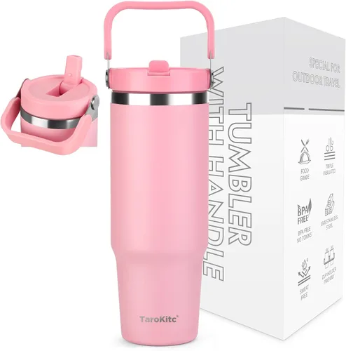 Vista 10 de TaroKitc Vaso de 30 onzas con asa y popote abatible, botella de agua aislada al vacío de triple pared, taza de viaje reutilizable a prueba de fugas