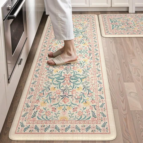 Vista 23 de Collive Tapete Anti Fatiga para Piso de Cocina, Tapetes de Cocina con Diseño Floral Primaveral para Piso Juego de 2, Alfombras para Fregadero Beige