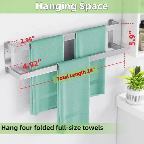 Vista 4 de Toallero doble, toallero de 24 pulgadas para baño montado en la pared, toallero de acero inoxidable, toallero doble para toallero para pared