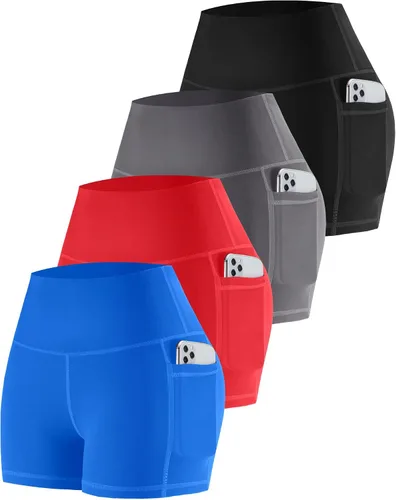 Vista 11 de CHRLEISURE - Pantalones cortos de ciclismo para mujer con bolsillos de licra, cintura alta, con control de abdomen para entrenamiento, yoga