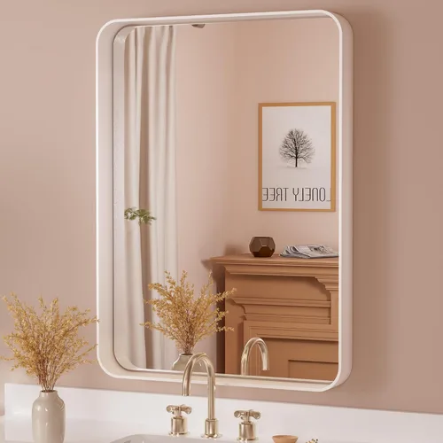 Vista 117 de Espejo de marco dorado cepillado de 16 x 24 pulgadas, espejo de tocador de baño de latón dorado para pared, espejo enmarcado rectangular de esquina