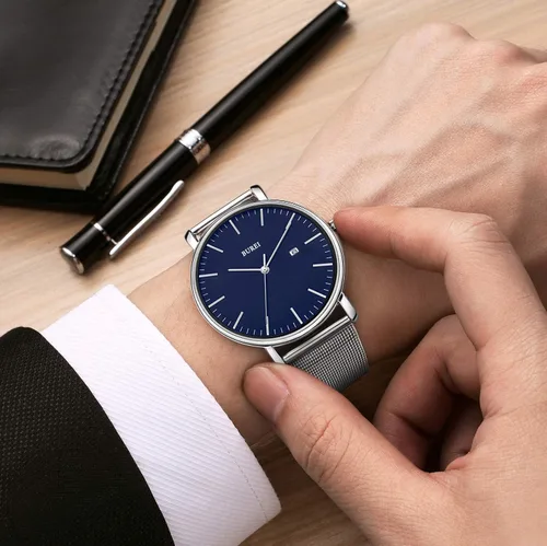 Vista 4 de BUREI Reloj de pulsera analógico de cuarzo ultrafino, calendario de fecha, correa de malla de acero inoxidable