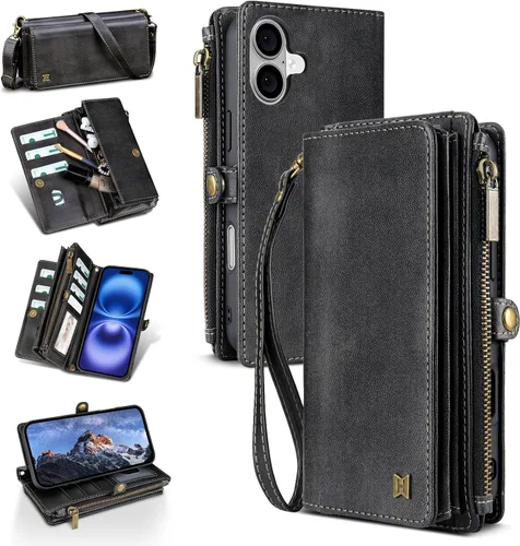 Vista 57 de Funda tipo cartera para iPhone 16 Pro Max con 8 tarjeteros, bloqueo RFID, piel sintética, función atril, abatible, correa de muñeca y correa