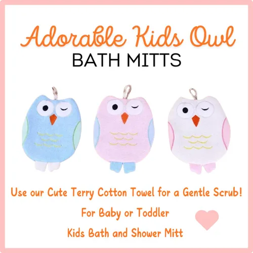 Vista 4 de Toalla de baño Olivia The Owl - Manopla de algodón con forma de animal - Guante de baño para niños - Guantes de toalla de baño - Lindo guante