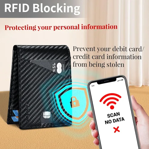 Vista 5 de Cartera delgada para hombres, carteras de cuero 100% genuino para hombres, cartera RFID para hombres con ranura para identificación, ranura