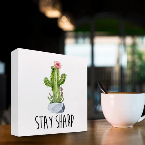 Vista 3 de z-crange Letrero inspirador de madera con texto en inglés "Stay Sharp", caja de madera motivacional para el hogar, granja, oficina, dormitorio