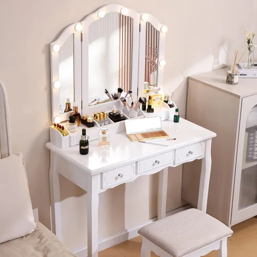Vista 2 de Tocador de maquillaje con luces, escritorio grande con 3 modos de iluminación y brillo ajustable, escritorio desmontable con cajones y estantes