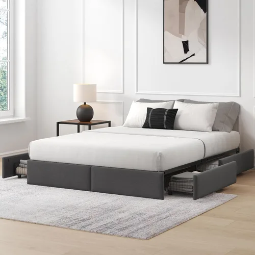 Vista 12 de Zinus - Base de cama Maya tapizada tamaño Full con cabecero asimétrico, listones de madera duraderos, estructura resistente, sueño sin ruido,