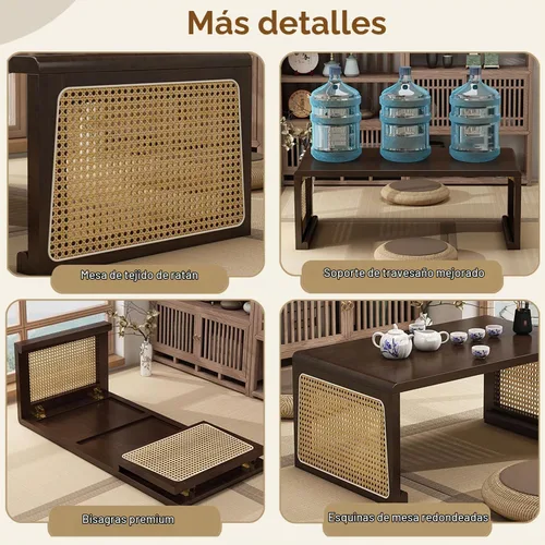 Vista 5 de Mesa auxiliar plegable japonesa, mesa de estar japonesa de piso bajo sin montaje, mesa de centro de madera pequeña para sala de estar, sala de té