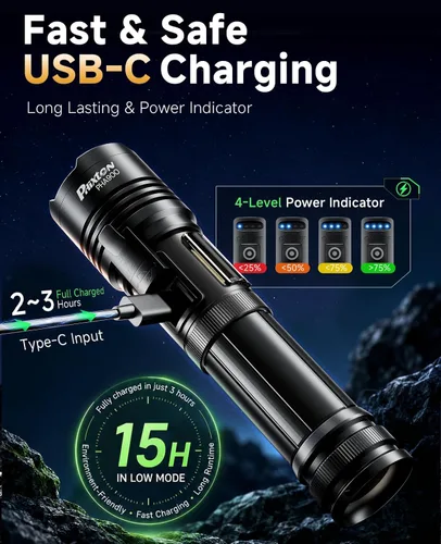 Vista 5 de Linternas de alto lúmenes 100000 USB C recargables – Paquete de 2, LED brillante de 30 W y luz roja COB, largo alcance y ajustable, larga duración