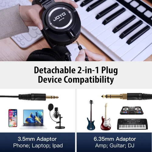 Vista 4 de JOYO - Auriculares de monitor de estudio con cable para grabación de audio, auriculares de diadema para mezclador, amplificador, podcast, teclado