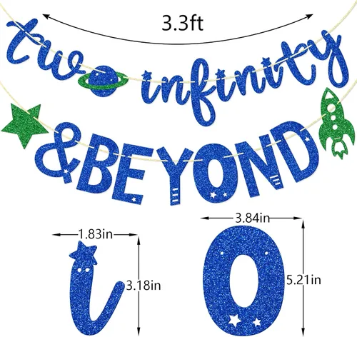 Vista 2 de Infinity and Beyond - Cartel de segundo cumpleaños – Decoración de fiesta temática espacial (azul) 2 Years Old Space Themed Birthday Banner, 2nd