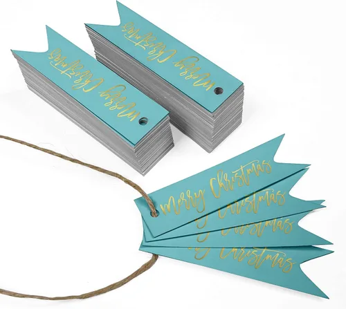 Vista 3 de Etiquetas colgantes con texto en inglés «Merry Christmas» para botellas de papel de aluminio, paquete de 50 unidades Aqua Blue