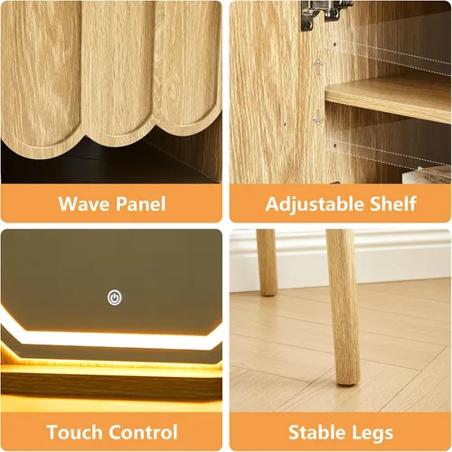Vista 6 de Escritorio de tocador con espejo y luces, juego de escritorio de tocador moderno de panel de madera ondulada, mesa de maquillaje con cajones