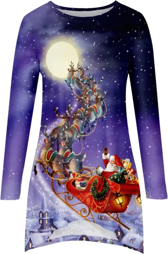 Vista 4 de Camisetas de manga larga para mujer, con estampado de Papá Noel, árbol de Navidad, Papá Noel, cuello redondo, túnica