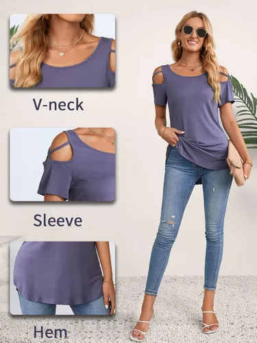 Vista 5 de NILOUFO - Blusas de verano para mujer manga corta tiras y hombros descubiertos