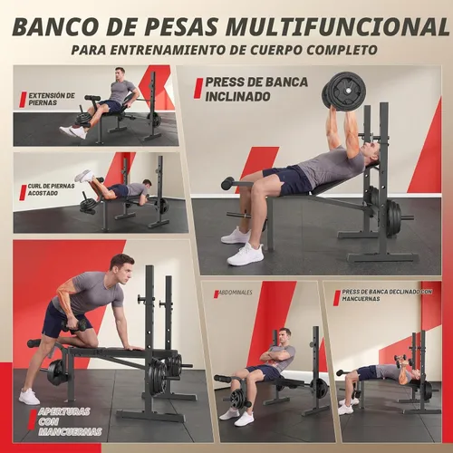 Vista 6 de OPPSDECOR Juego de banco de pesas, banco ajustable multifunción para press de banca con rack para sentadillas, extensión de piernas y curl