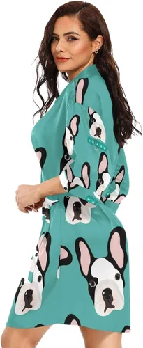Vista 5 de Susiyo Seamless Cute Cartoon Dog Cachorros Azul Satén Túnica para Mujeres Kimono Estilo Corto Sedoso Albornoz Ropa de Dormir