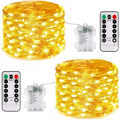 Vista 11 de JMEXSUSS Paquete de 2 Luces de Hadas Verdes a Batería, Total 200 LED 66 pies Luces de Cadena Parpadeantes con Control Remoto, 8 Modos de Luces